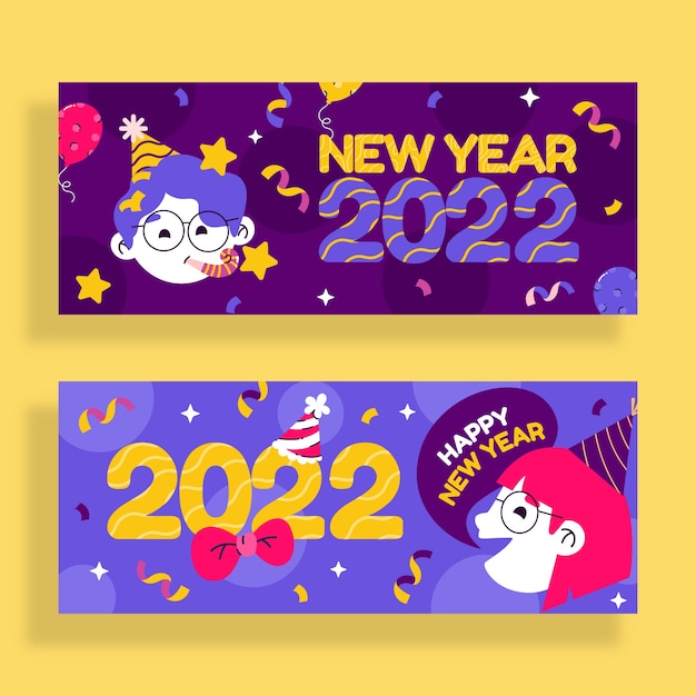 Vettore gratuito banner orizzontale piatto felice anno nuovo 2022 disegnato a mano