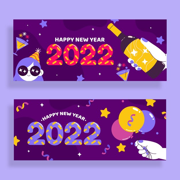 Hand drawn flat happy new year 2022 horizontal banner