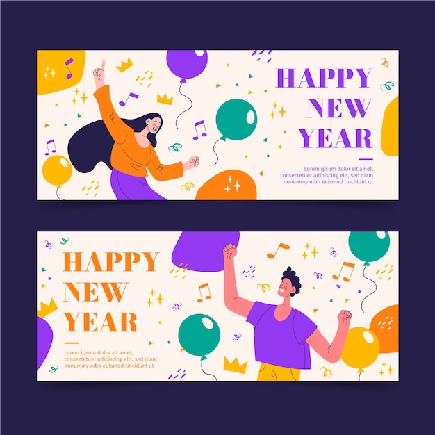 Hand drawn flat happy new year 2022 horizontal banners set