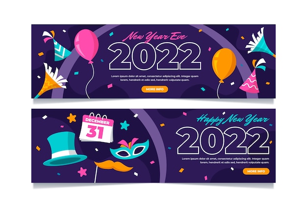Hand drawn flat happy new year 2022 horizontal banners set