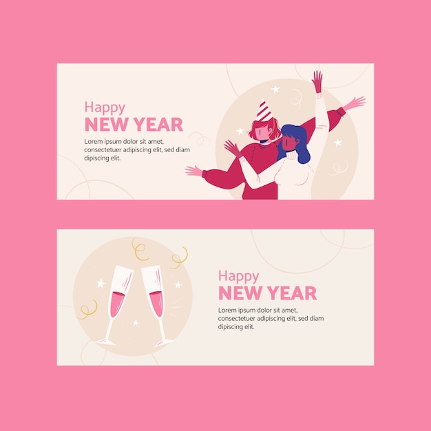 Hand drawn flat happy new year 2022 horizontal banners set