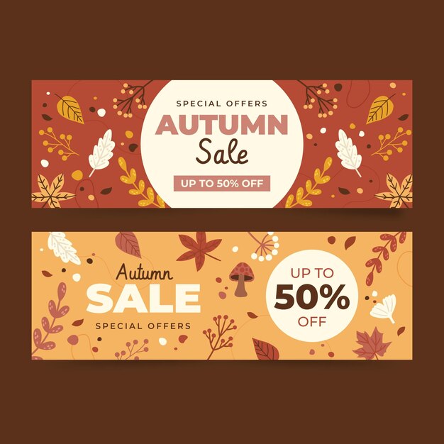 Hand drawn flat horizontal autumn sale banners set