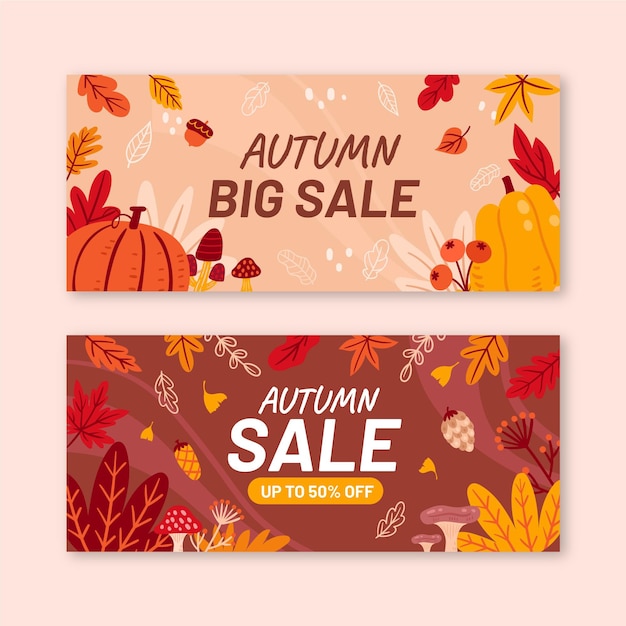 Hand drawn flat horizontal autumn sale banners set