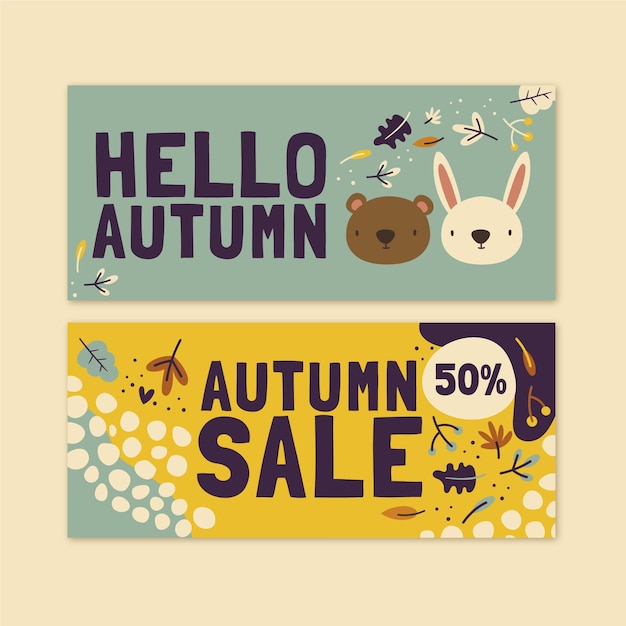 Hand drawn flat horizontal autumn sale banners set