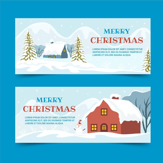 Hand drawn flat horizontal christmas banners set