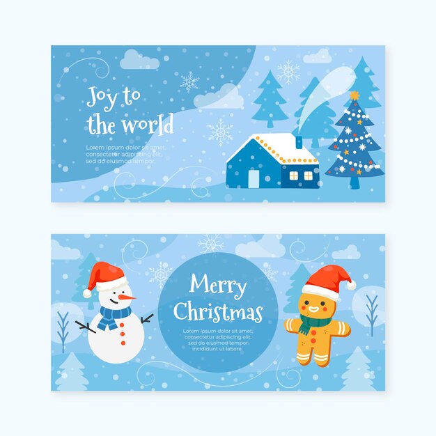 Hand drawn flat horizontal christmas banners set