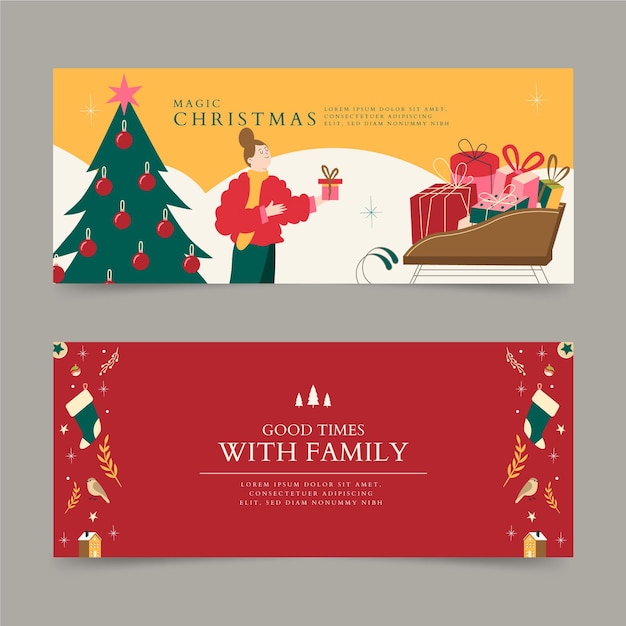 Free vector hand drawn flat horizontal christmas banners set