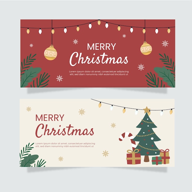 Hand drawn flat horizontal christmas banners set