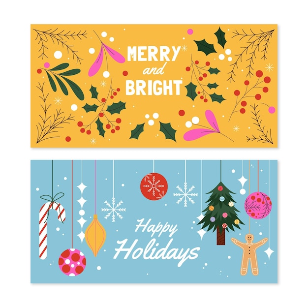 Hand drawn flat horizontal christmas banners set