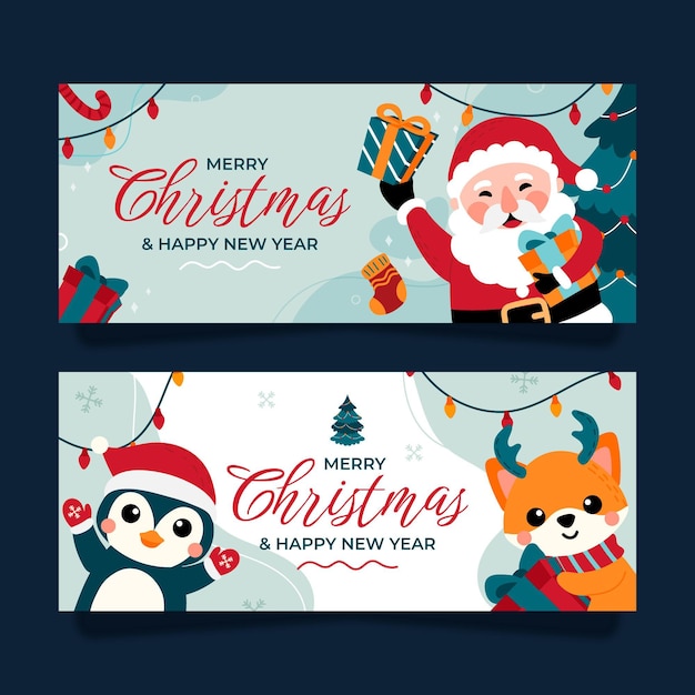 Hand drawn flat horizontal christmas banners set