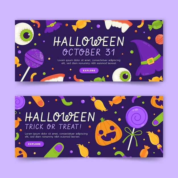 Set di banner di halloween piatto orizzontale disegnato a mano