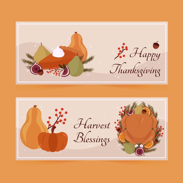 Hand drawn flat horizontal thanksgiving banners set