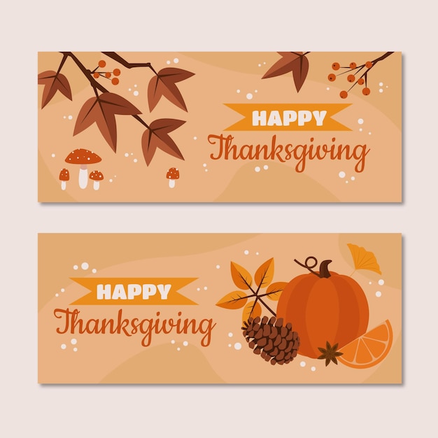 Hand drawn flat horizontal thanksgiving banners set