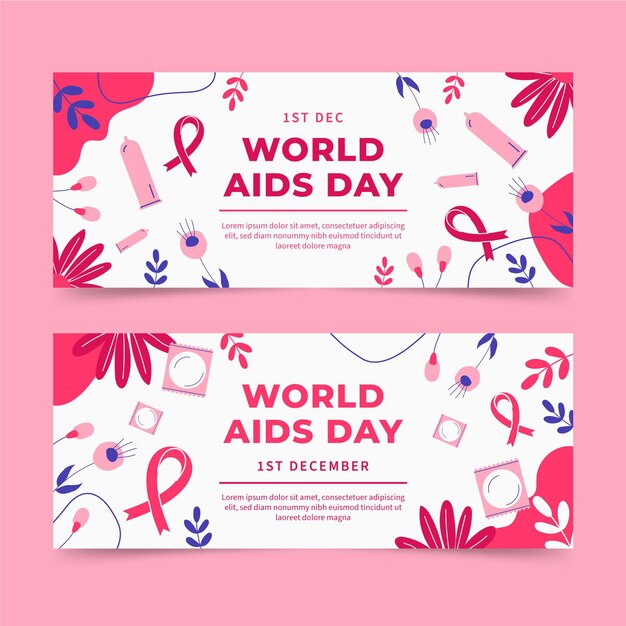 Hand drawn flat horizontal world aids day banners set