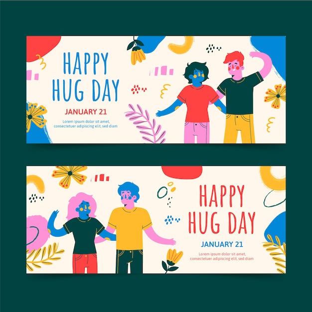 Hand drawn flat hug day horizontal banners set