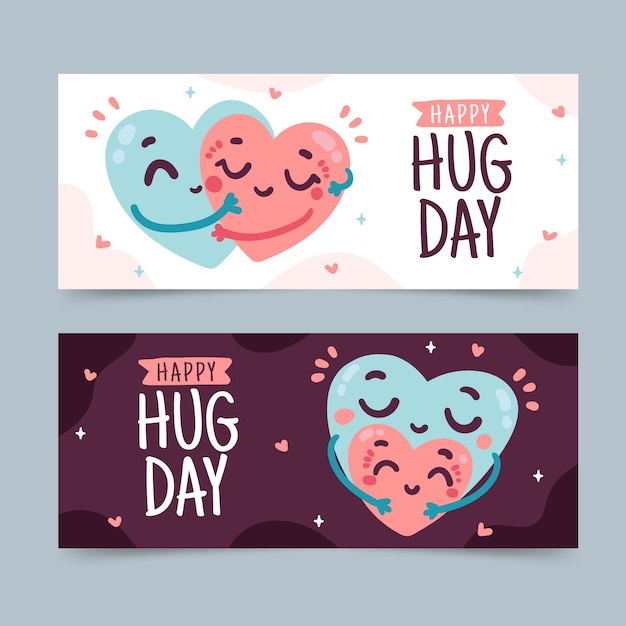 Free vector hand drawn flat hug day horizontal banners set