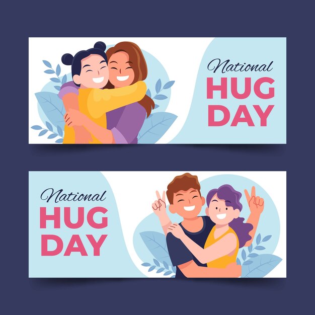 Hand drawn flat hug day horizontal banners set