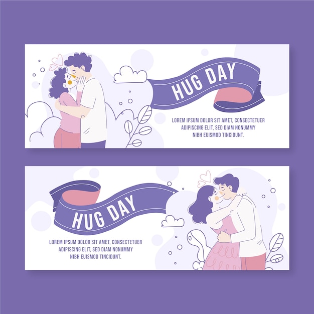 Hand drawn flat hug day horizontal banners set