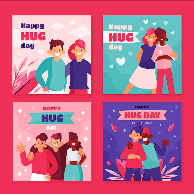Hand drawn flat hug day instagram posts collection