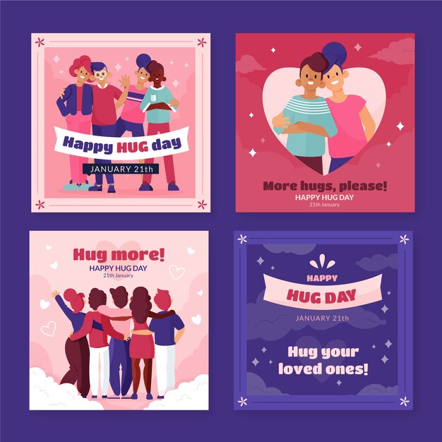 Hand drawn flat hug day instagram posts collection