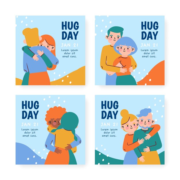 Hand drawn flat hug day instagram posts collection