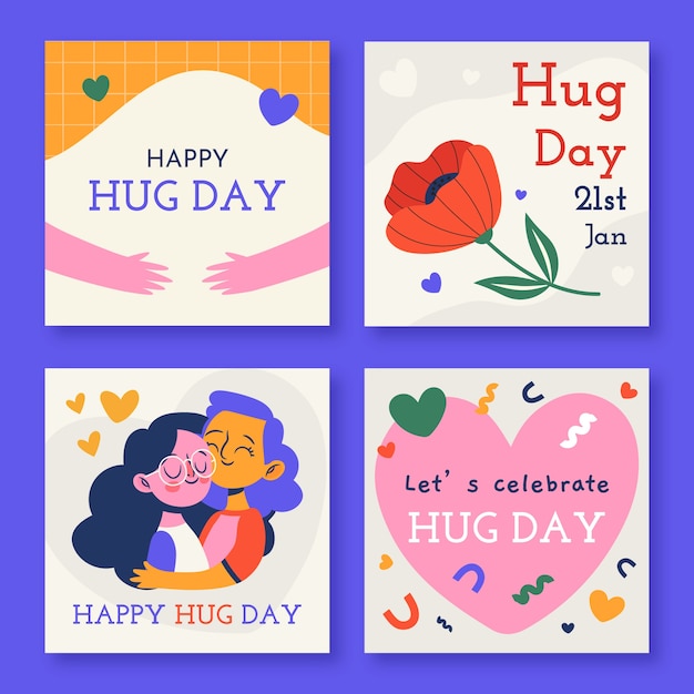 Hand drawn flat hug day instagram posts collection