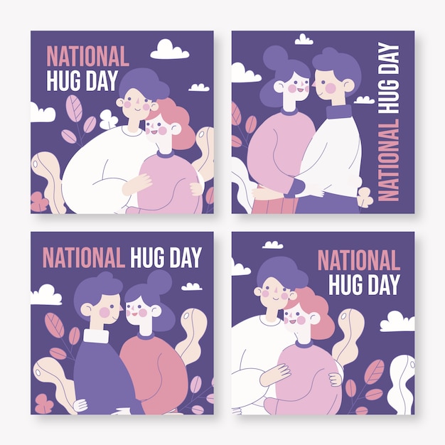 Hand drawn flat hug day instagram posts collection