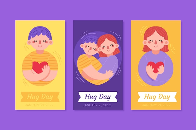 Hand drawn flat hug day instagram stories collection