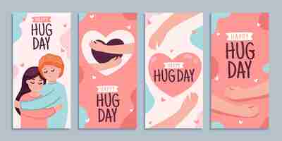 Free vector hand drawn flat hug day instagram stories collection