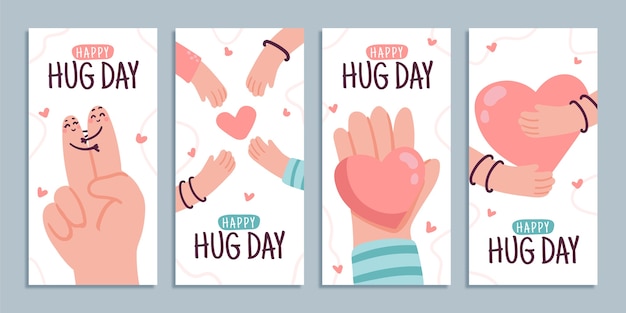 Hand drawn flat hug day instagram stories collection