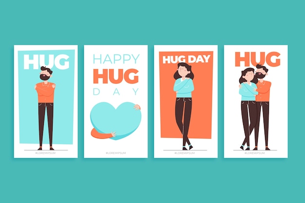 Hand drawn flat hug day instagram stories collection