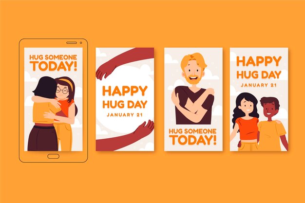 Hand drawn flat hug day instagram stories collection