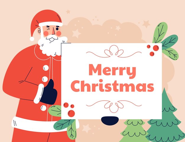 Hand drawn flat illustration of christmas character holding blank banner