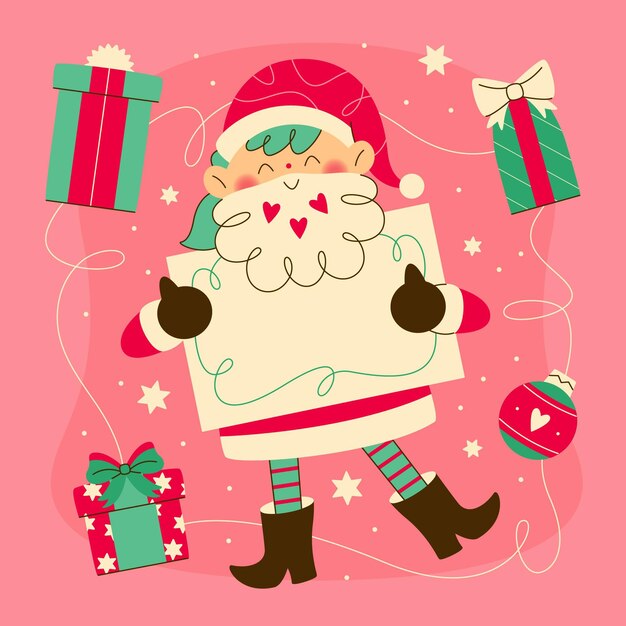 Hand drawn flat illustration of christmas character holding blank banner