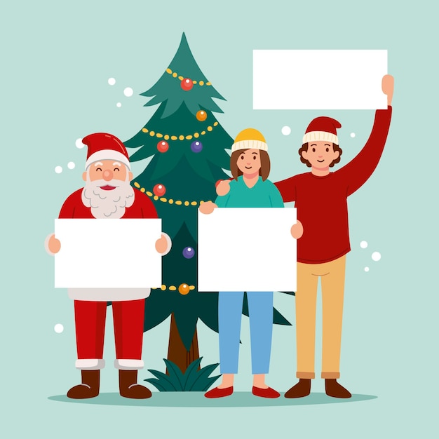 Free vector hand drawn flat illustration of christmas characters holding blank banner