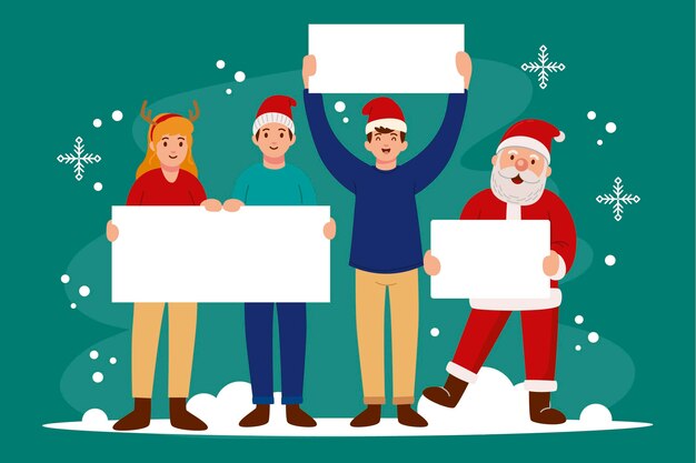 Hand drawn flat illustration of christmas characters holding blank banner