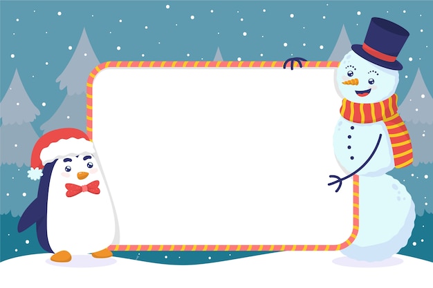 Hand drawn flat illustration of christmas characters holding blank banner