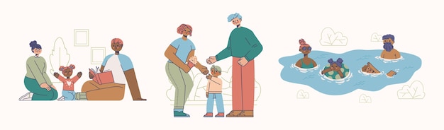 Hand drawn flat illustration of family scenes