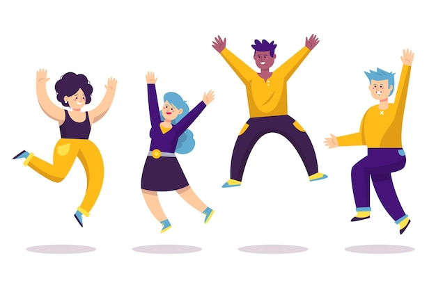 Hand drawn flat illustration of happy people jumping