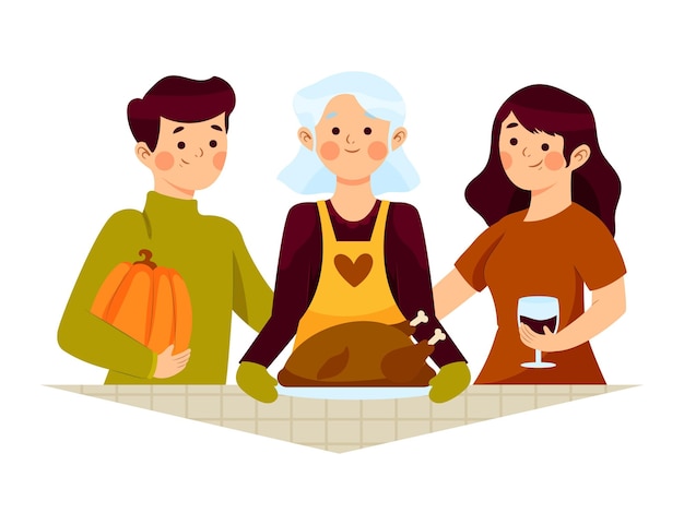 Hand drawn flat illustration of people celebrating thanksgiving together with food
