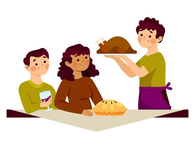 Hand drawn flat illustration of people celebrating thanksgiving together with food