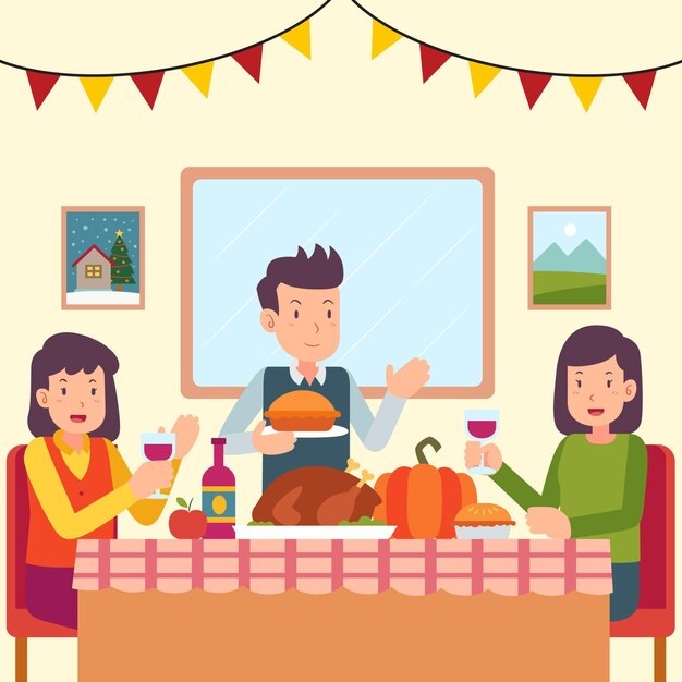 Нарисованная рукой плоская иллюстрация людей, празднующих день благодарения вместе с едой