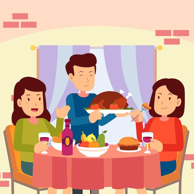 Free vector hand drawn flat illustration of people celebrating thanksgiving together with food