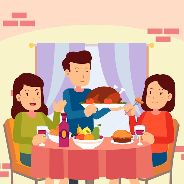 Hand drawn flat illustration of people celebrating thanksgiving together with food