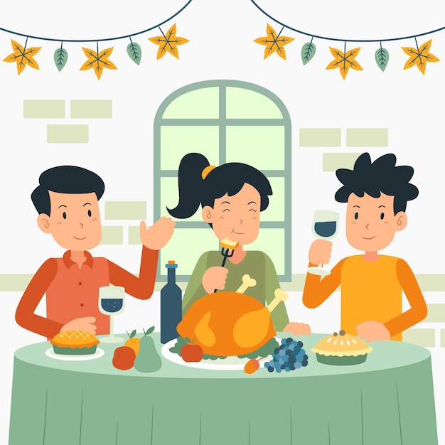 Hand drawn flat illustration of people celebrating thanksgiving together with food