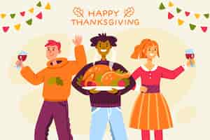 Free vector hand drawn flat illustration of people celebrating thanksgiving together with food
