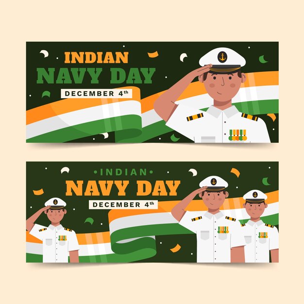 Hand drawn flat indian navy day horizontal banners set