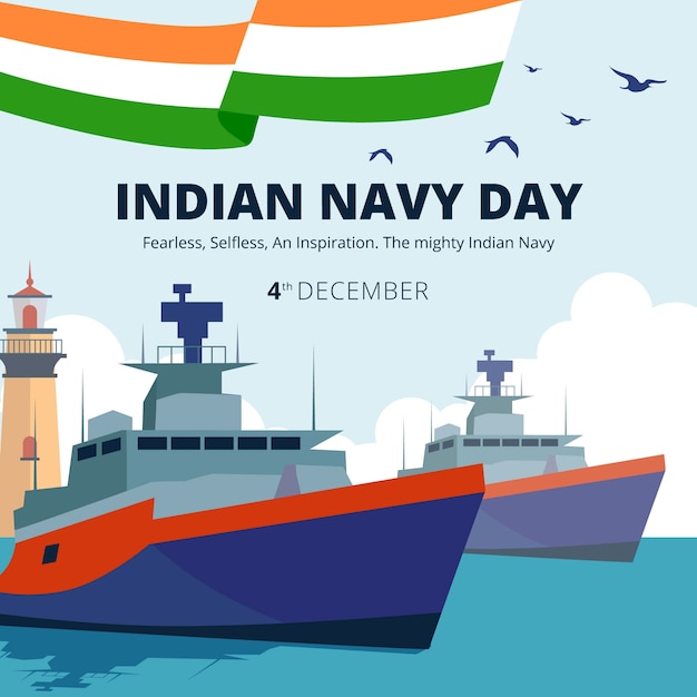 Нарисованная рукой плоская иллюстрация дня военно-морского флота Индии