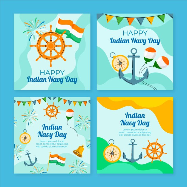 Hand drawn flat indian navy day instagram posts collection