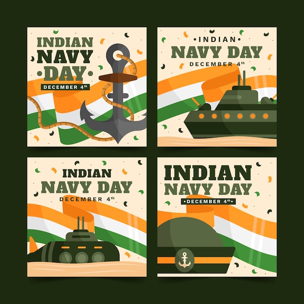 Free vector hand drawn flat indian navy day instagram posts collection